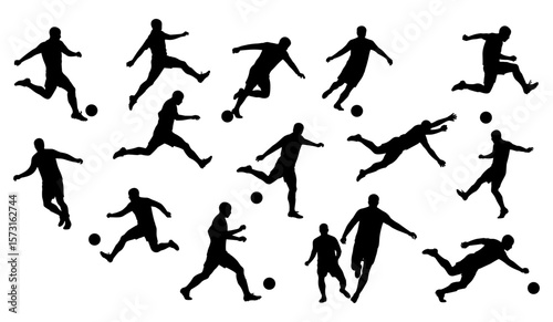 Dynamic Collection of Soccer Player Silhouettes in Action – Featuring Kicking, Running, Goalie Saves, and Various Game Poses for Sports and Athletic Designs