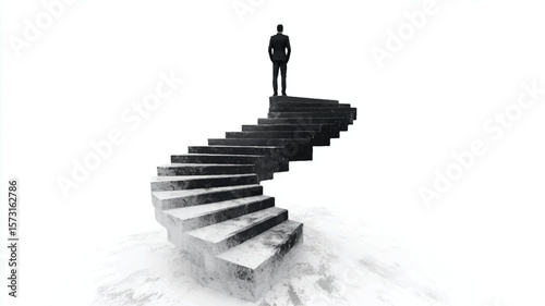 Attractive young European businessman walking on concrete stairs with mock up place success finance and career growth concept Art & Illustration.