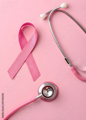 A pink ribbon and stethoscope on a pastel pink background, symbolizing breast cancer awareness.