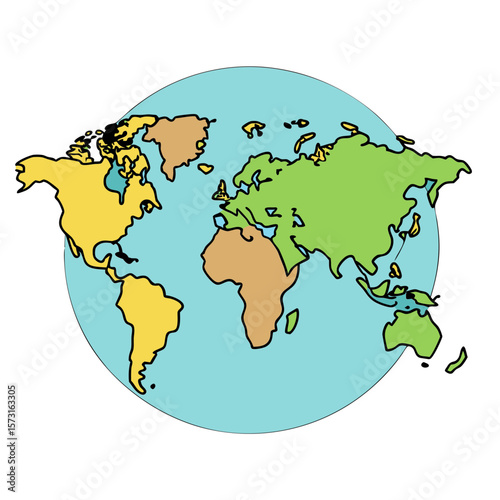 Colorful cartoon world map showing continents on a blue globe
