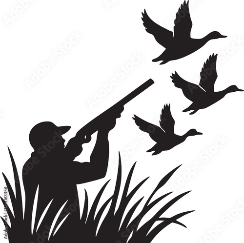 Silhouette of a Hunter Aiming at Flying Ducks in Tall Grass Depicting Hunting and Wildlife