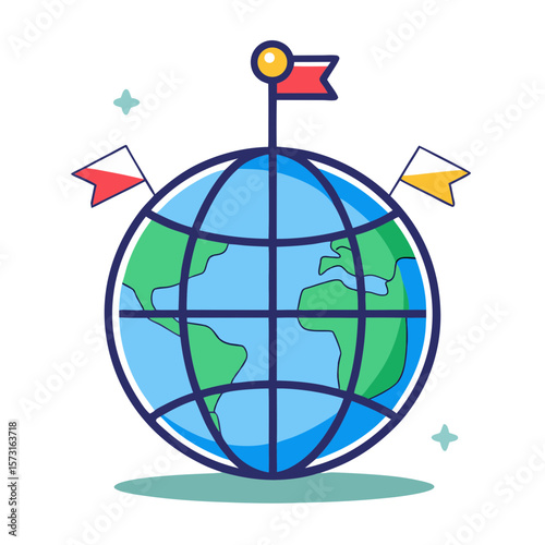Stylized earth globe with flags representing global reach and exploration