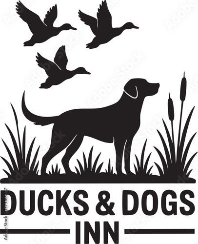 Ducks and Dogs Inn Logo Featuring Silhouetted Labrador Retriever and Flying Ducks in a Grassy Field