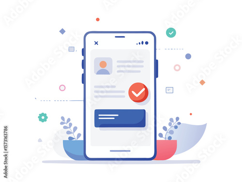 Modern mobile phone displaying user profile and confirmation with decorative elements isolated on white background
