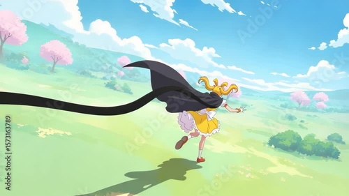 Girl in Yellow Dress Runs Across Spring Meadow