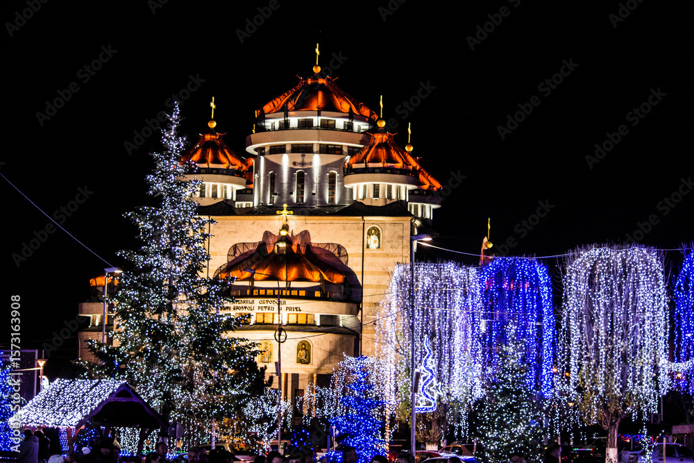 Fototapeta premium Christmas Lights and Orthodox Cathedral at Night in Romania