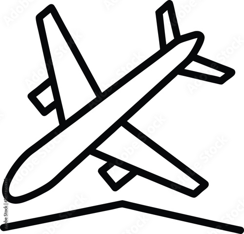 airplane landing icon, line art vector symbol for flight arrival, airport operations, and aviation safety