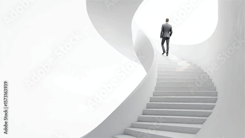 Attractive young European businessman walking on concrete stairs with mock up place success finance and career growth concept Art & Illustration.