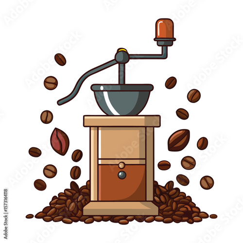 Vintage coffee grinder with freshly roasted coffee beans and falling beans