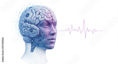 Futuristic human head with robotic brain and heartbeat signal, ideal for technology concepts and innovative design projects.