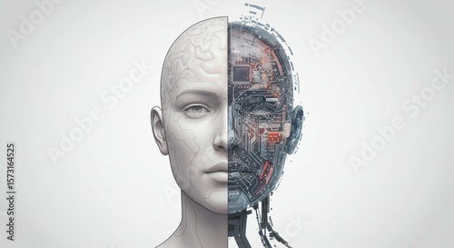 Half human and half robot face design, ideal for representing artificial intelligence or futuristic concepts with a modern style.