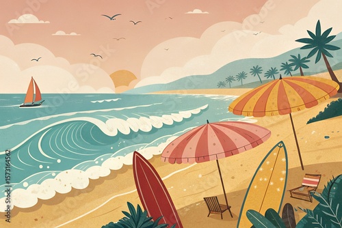 Idyllic beach scene with colorful surfboards striped umbrellas and a sailboat on the ocean under a pastel sky
