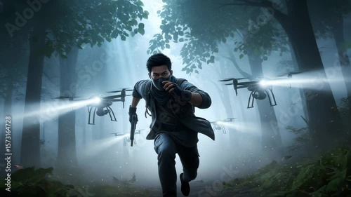 Man Running Through Foggy Forest Pursued by Drones