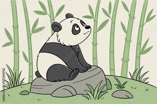 Cartoon panda sitting on rock with bamboo stalks animal