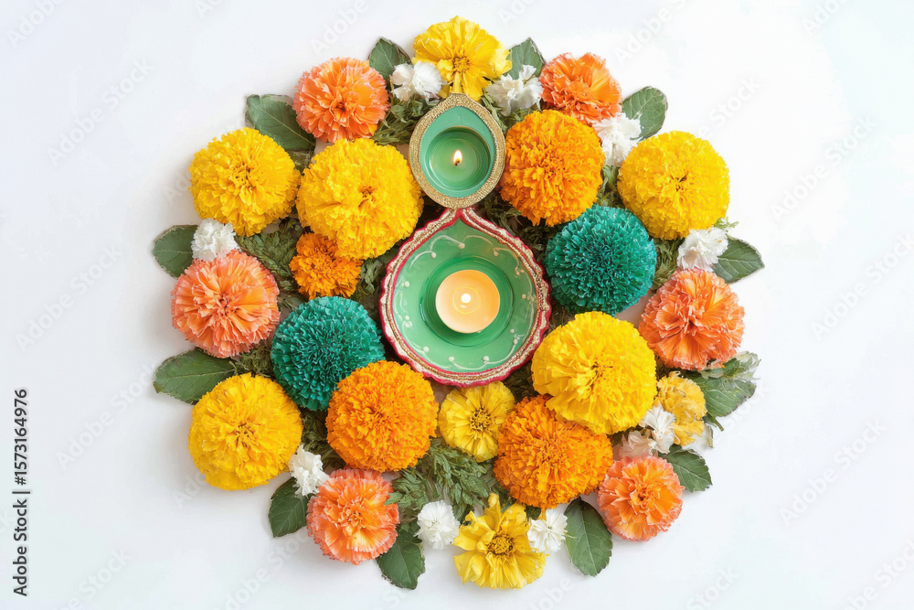 Fototapeta premium Marigold flower rangoli on white background for diwali or dasara festival in hinduism