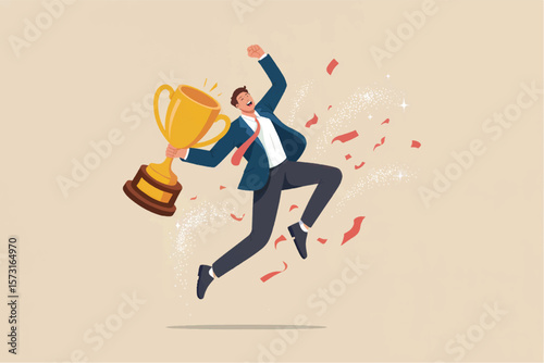 Excited businessman in a suit jumping with a golden trophy and confetti celebrating a major achievement or victory isolated on transparent background