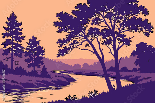 Purple trees line a winding river under a peach sky