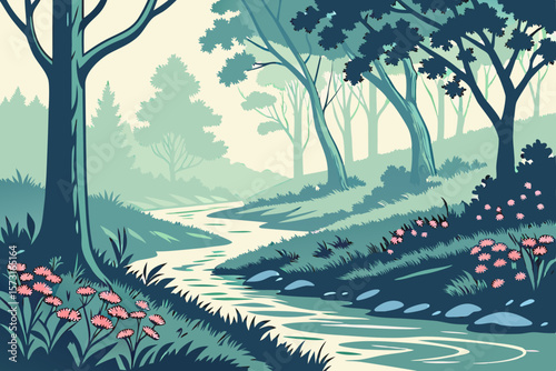 Serene forest landscape with winding river and pink wildflowers