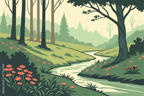 Serene forest landscape with winding river and wildflowers 1
