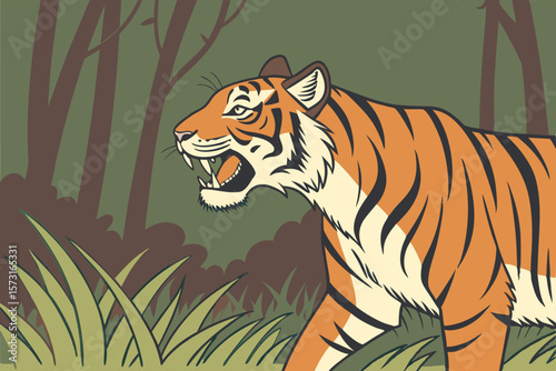 Tiger roaring in a forest with grass animal wildlife