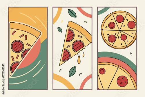 Three abstract pizza slices with geometric shapes pepperoni