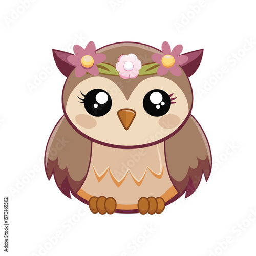 mini owl with flower crown and cute blushing cheeks kawaii