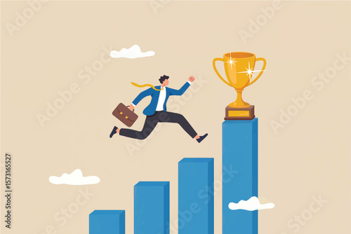 Determined businessman in blue suit running towards a golden trophy on top of a rising bar graph isolated on transparent background