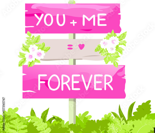 Colorful wedding sign reading "You + Me Forever" with floral accents. Wedding signage ideas