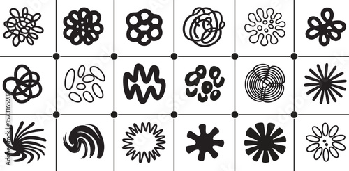 Whimsical Black and White Patterned Grid Playful Abstract Designs A Variety of Unique Shapes and Textures in a Cohesive Arrangement