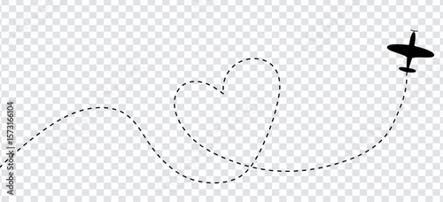 Designed for travel, honeymoon, or holiday themes, this transparent vector shows an airplane with a distinctive heart-shaped trail and a dotted flight line,  Best transparent vector design 2025