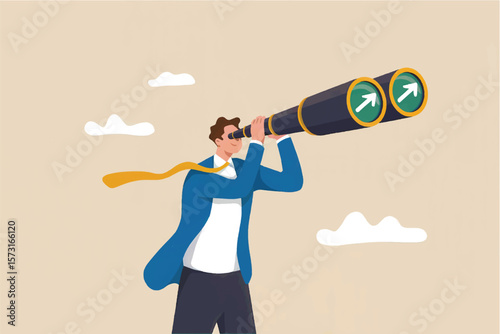 A man in a blue suit and yellow tie looks through a telescope with upward arrows indicating growth and progress isolated on transparent background