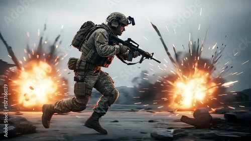 Soldier Running Through Explosions During Intense Combat