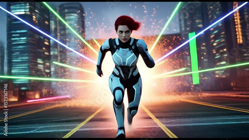 Woman in Futuristic Attire Running Through Neon Cityscape