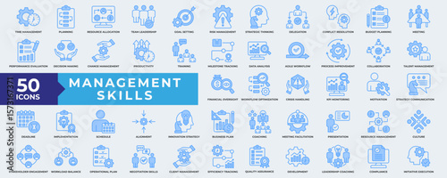 Management skills icon collection set. Containing Time Management, Planning, Leadership, Goal, Training, Strategy and implementation icon. Simple line blue vector illustration.