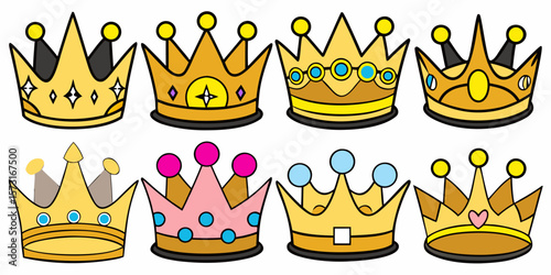 Golden royal crowns: majestic king, queen, and princess symbols of power and luxury vector illustration