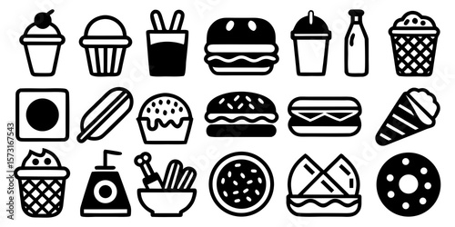 A vibrant vector set of food and drink icons perfect for web design, featuring coffee, cake, pizza, and fast-food favorites like hamburgers and sandwiches