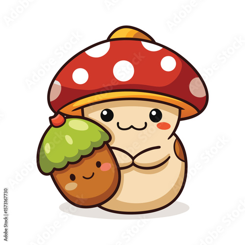 mushroom hugging tiny acorn kawaii cartoon vector