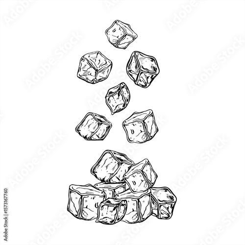 Slightly melted ice cubes falling into pile monochrome vector line ink illustration. Crystal freezer brick levitation sketch for beverage packaging, cocktail menu, refreshing summer design