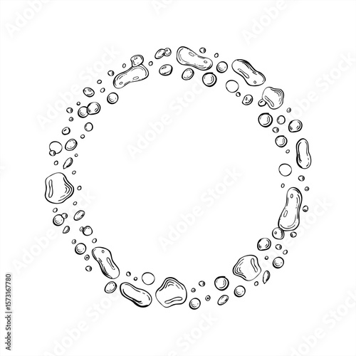 Monochrome abstract water droplets in varying sizes round frame with empty space for text. Underwater fizzing bubbles vector illustration for cosmetic decor, beverage label, beauty packaging