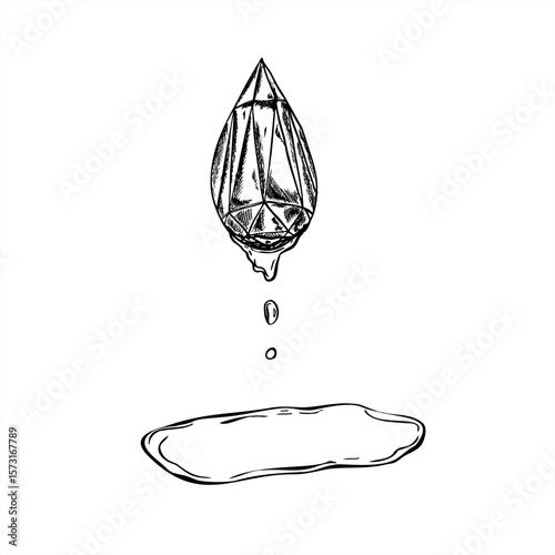 Faceted diamond shaped ice cube melting with water droplets forming puddle below vector isolated ink illustration. Etching drawing of monochrome ice with falling drop for beverage, alcohol packaging,