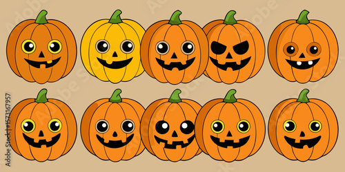 Scary Halloween pumpkin set with spooky faces for autumn holiday celebration