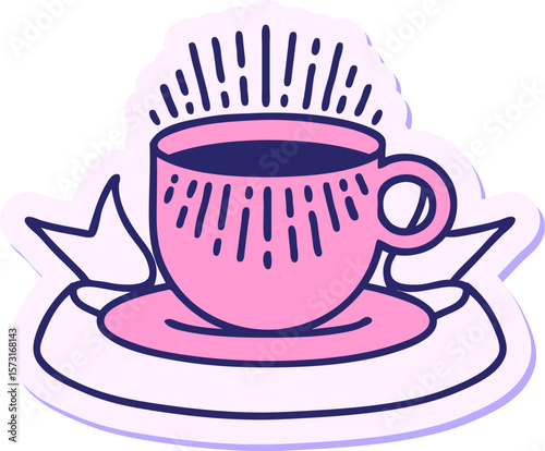 tattoo style sticker with banner of cup of coffee in bright neon color
