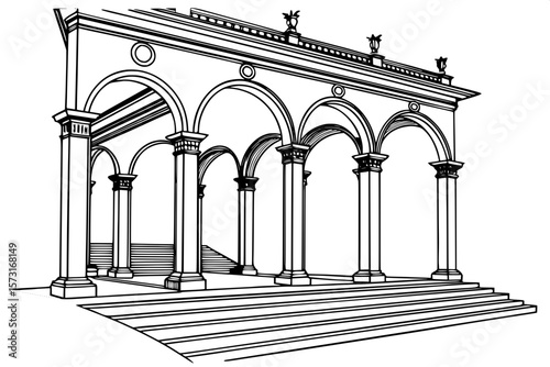 "Precise black-and-white drawing of a classical arch with robust supporting columns, their capitals richly detailed in acanthus motifs. The base includes a flight of stone steps, rendered in perspecti