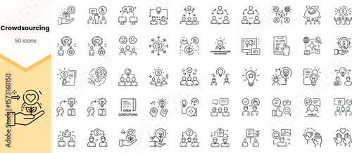 A collection of 50 unique line icons representing crowdsourcing concepts, featuring diverse figures, teamwork, and collaboration elements in a modern, minimalistic style.