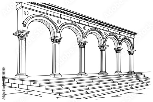 "Precise black-and-white drawing of a classical arch with robust supporting columns, their capitals richly detailed in acanthus motifs. The base includes a flight of stone steps, rendered in perspecti