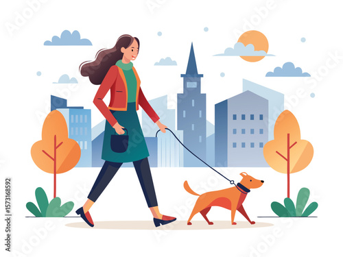 Young woman in casual autumn clothing walking her dog in a city park with buildings and sun isolated on white background

