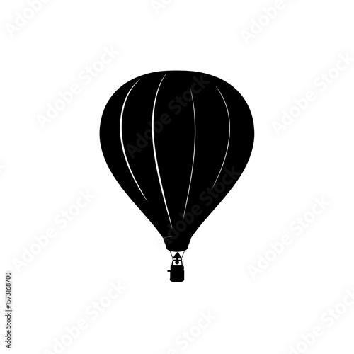 A hot air balloon with a basket is floating in the air, depicted in a graphic silhouette style image