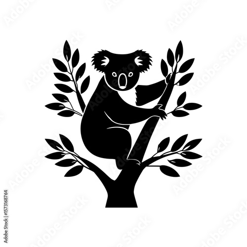 Koala bear clinging to a tree branch surrounded by leaves in a graphic representation design style