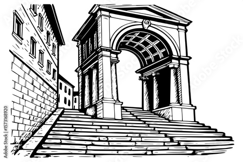 "Monochrome illustration of a ceremonial gateway, with a rounded arch supported by classic architectural columns. The stone steps beneath are wide and uniform, receding into the distance. The drawing 