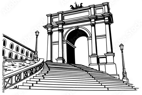 "Monochrome illustration of a ceremonial gateway, with a rounded arch supported by classic architectural columns. The stone steps beneath are wide and uniform, receding into the distance. The drawing 